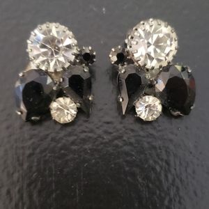 Vintage Rhinestone & Black Clip On Earrings
